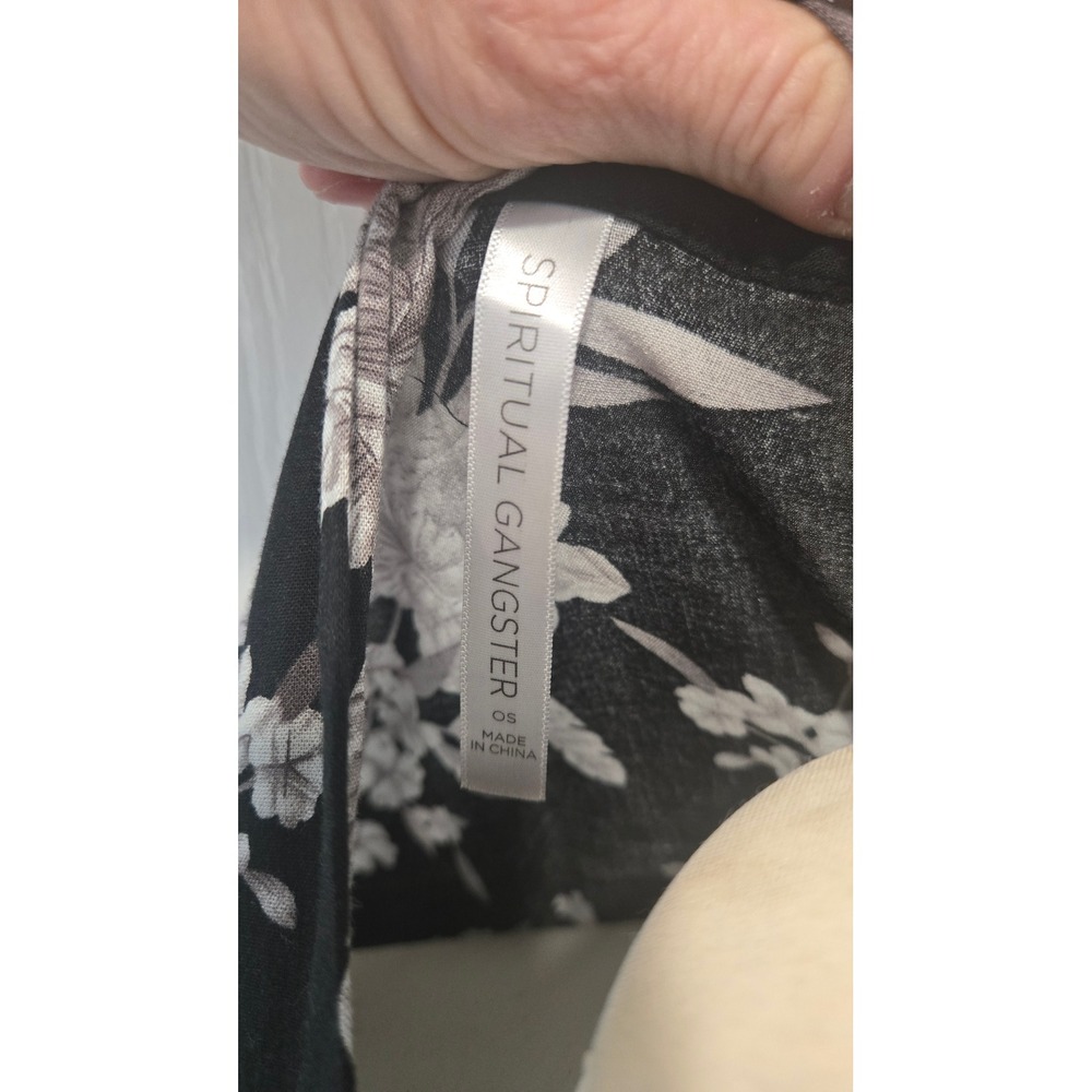 Spiritual Gangster Floral Kimono Robe OS Black White Open Front Tie Waist - Picture 3 of 5